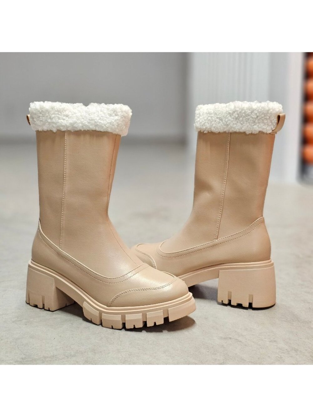 Chunky Nude Faux Leather Winter Boots With Faux Fur Lining & Block Heel